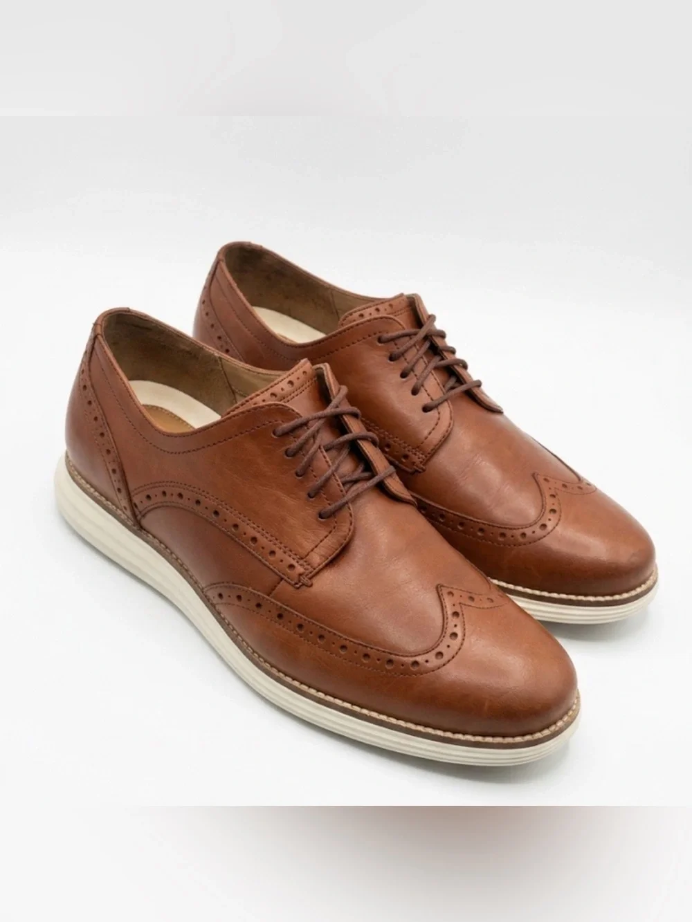 Cole Haan Tan Leather Wingtip Derby Shoes with Cream Sole